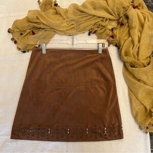 Brown Suede Skirt with Cutout Hem